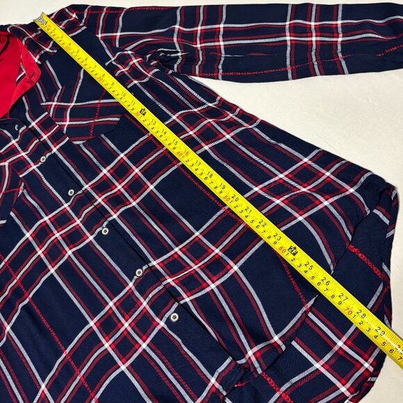 Westbound Plaid Button Front Shirt S Navy Red Rayon Cabincore Fall Top Roll Tab - Picture 11 of 12